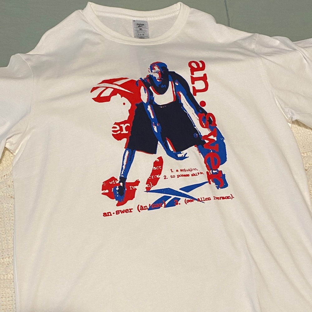 Reebok White Tee with Red and Blue Allen Iverson “Answer” Graphic